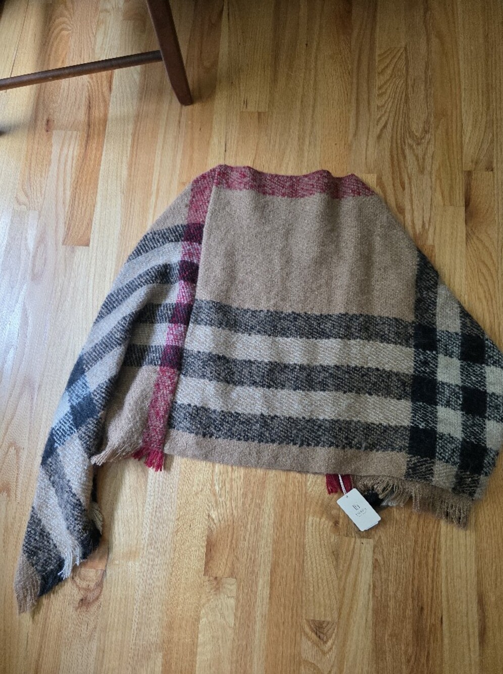 Plaid Fringe Poncho in Camel and Black with Berry Accent